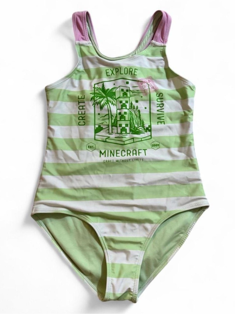 Minecraft Girls' Green Striped One-Piece Swimsuit Size 10/12
